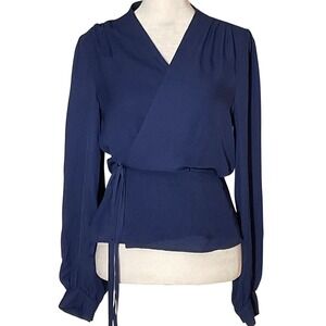 Antonio Melani women's silk navy blue wrap shirt blouse sheer top lightweight